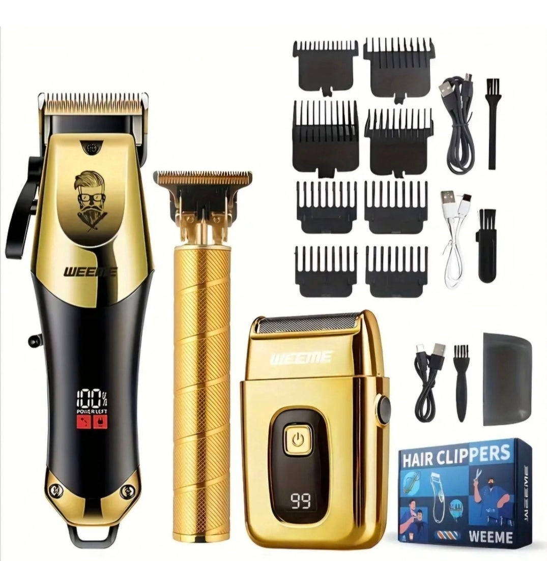Professionellt hårklippningsset 3-i-1 – Trimmer, detaljtrimmer & rakapparat (guld/svart)
