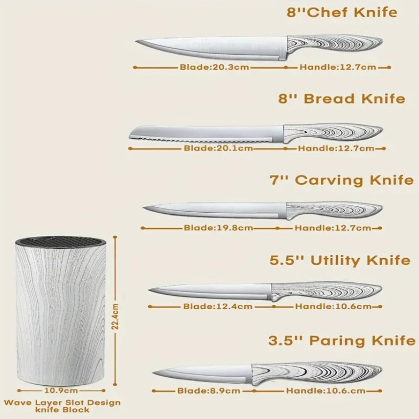 6-delars Kökssknivset med Marmormönstrade Handtag – Komplett Set med Vertikal Cylindrisk Knivhållare