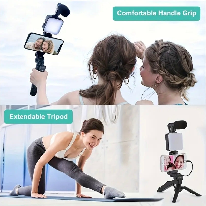 Tripod Vloggkit med Mikrofon & LED-lampa – För iPhone & Android