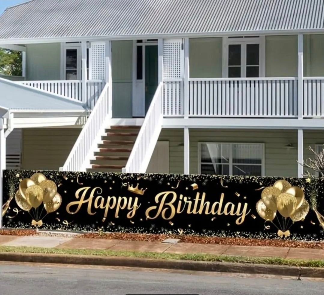 "Happy Birthday" Banner – Svart & Guld | 200 x 40cm