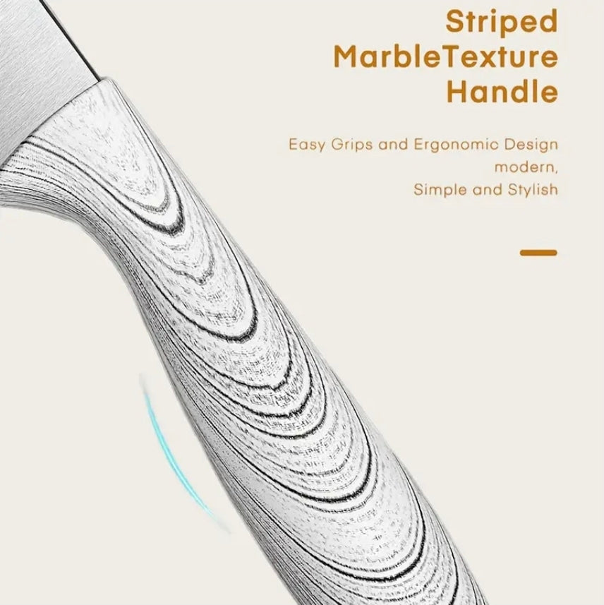 6-delars Kökssknivset med Marmormönstrade Handtag – Komplett Set med Vertikal Cylindrisk Knivhållare