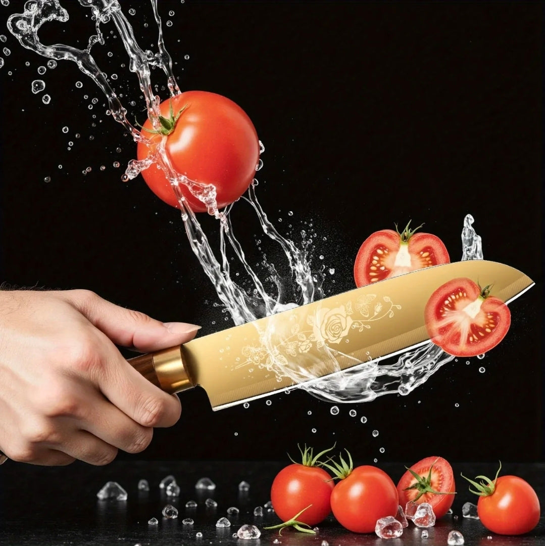 Premium Gyllene Titanbelagda Köksknivset – 4-delars Lyx och Precision för Kökets Alla Uppgift