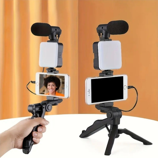 Tripod Vloggkit med Mikrofon & LED-lampa – För iPhone & Android