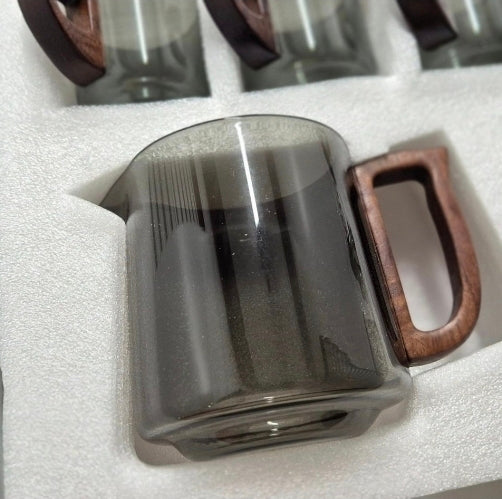 Lyxigt Rökgrått Glas Teset med Trähandtag – 1 Tekanna och 4 Koppar