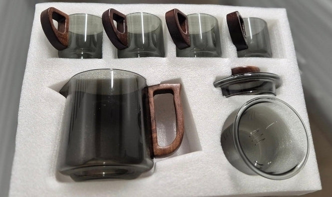 Lyxigt Rökgrått Glas Teset med Trähandtag – 1 Tekanna och 4 Koppar