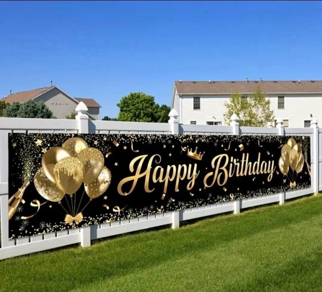 "Happy Birthday" Banner – Svart & Guld | 200 x 40cm