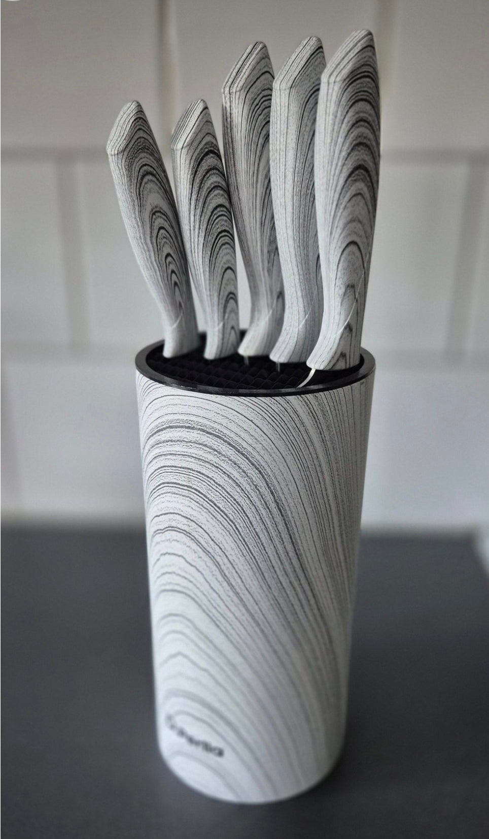 6-delars Kökssknivset med Marmormönstrade Handtag – Komplett Set med Vertikal Cylindrisk Knivhållare